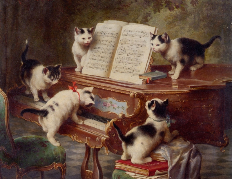 Reichert festmény; macskák a zongorán ugrálnak