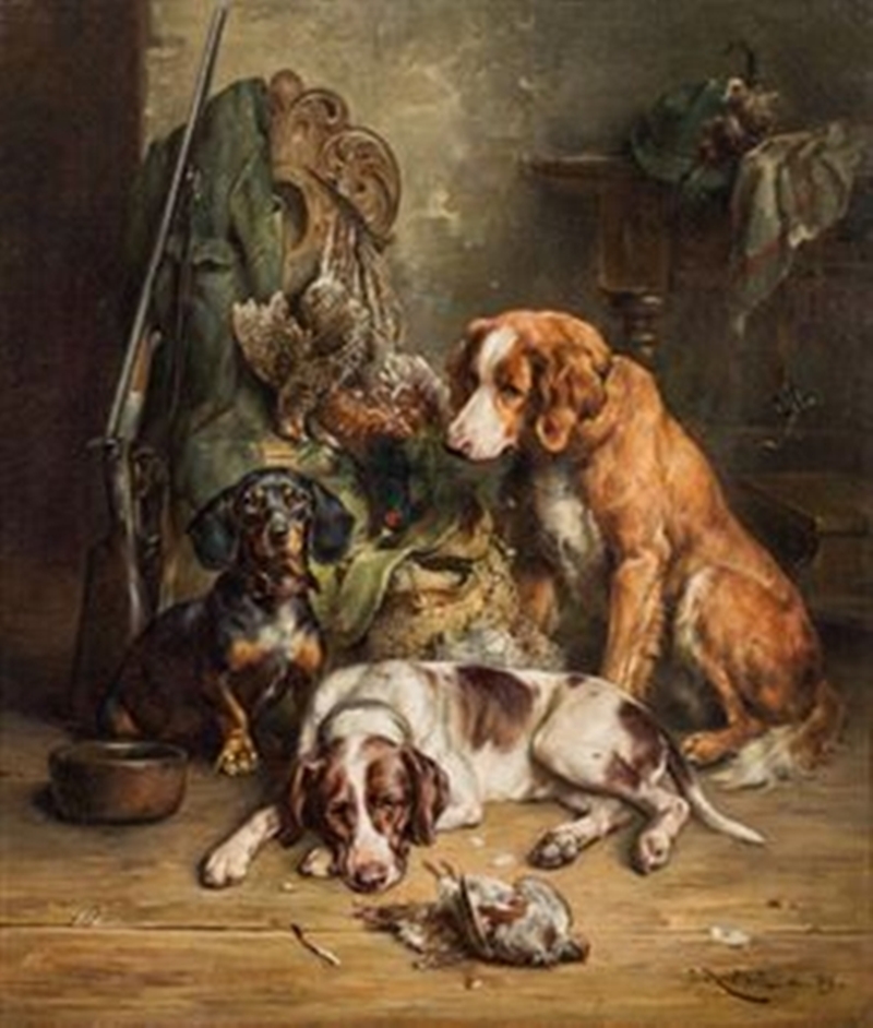 Reichert festmény; kutyák vadászat után