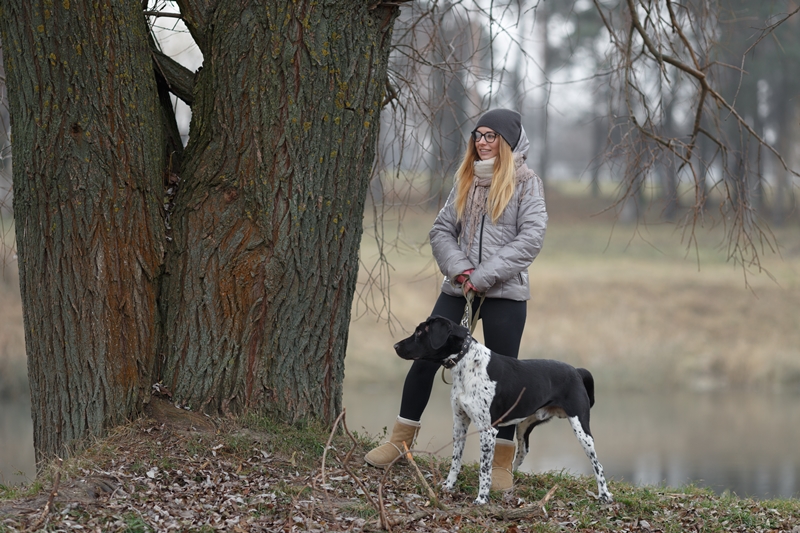 fiatal lány szép kutyával az erdőben, egy fa mellett