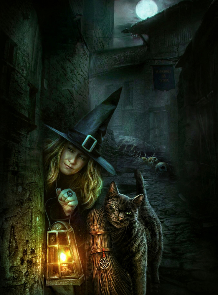 Halloween grafika boszorkányról és fekete macskáról