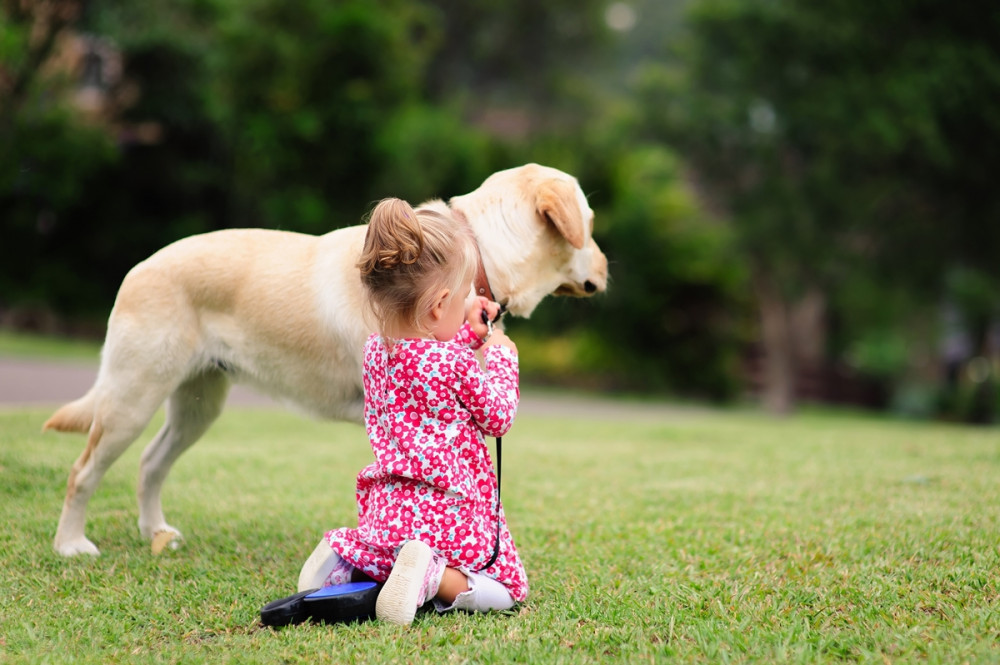 kislány a kutyája pórázát fogva, mellette térdel