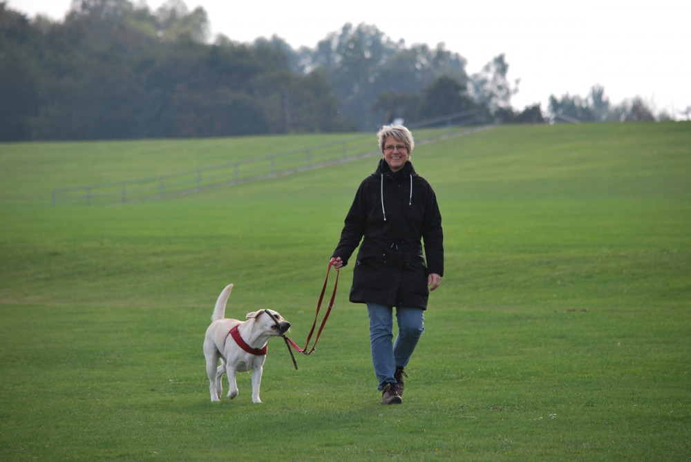 gazdi mosolyogva sétál kutyájával a réten