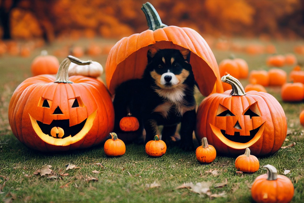 kicsi kutya halloween tökök alatt ül