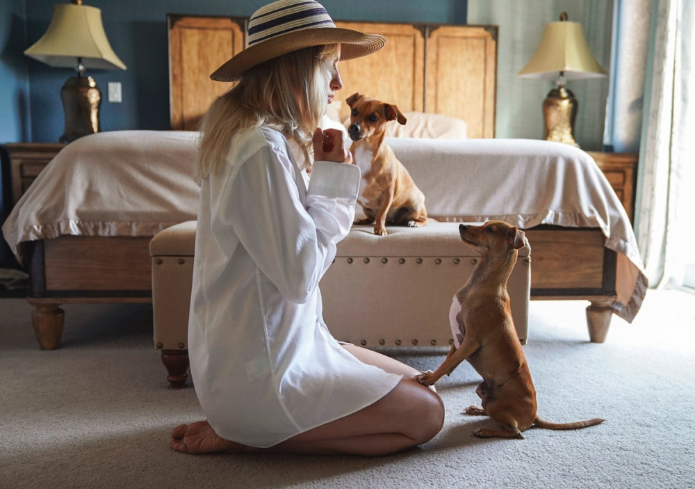 kalapos lány a hálószobában két kutyával