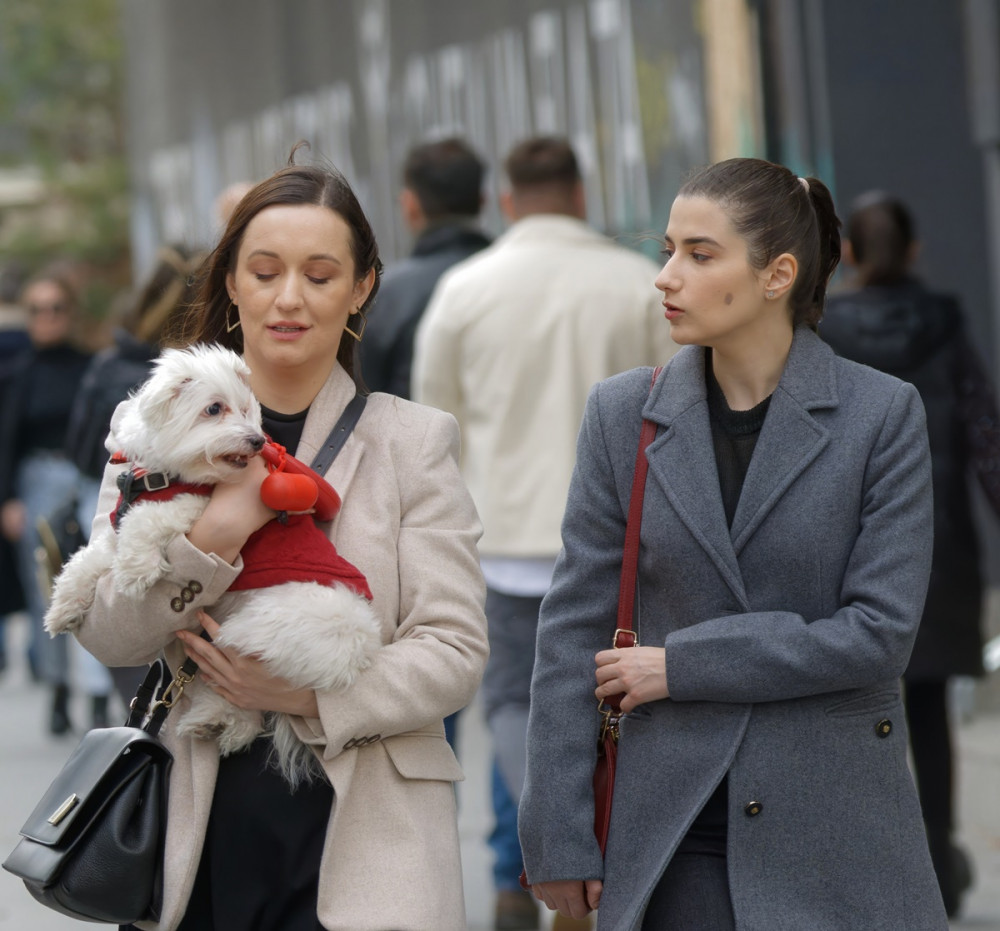 két nő sétál, az egyik kezében kis bichon szerű kutya, a másik nézi