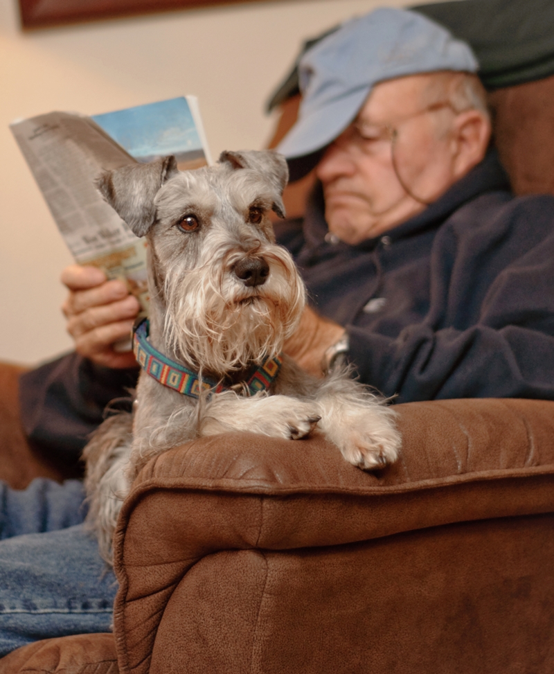 öreg gazda újságot olvas, kutyája az ölében
