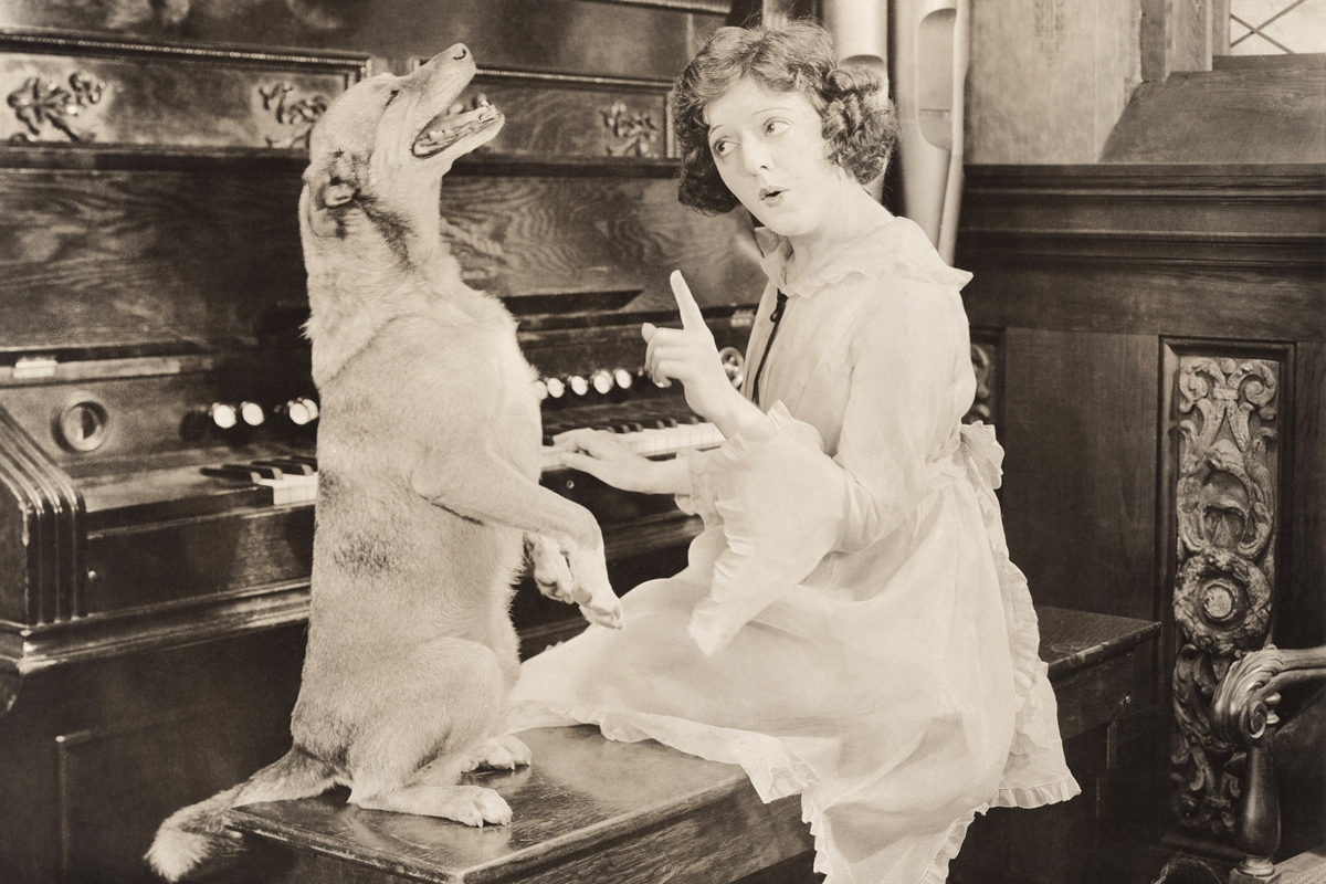 antik kép lány a zongoránál kutyával