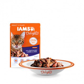 IAMS Delights aszpikos macskaeledel zamatos báránnyal és májjal 