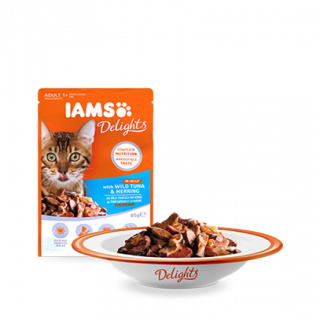 IAMS Delights aszpikos macskaeledel tonhallal és heringgel 