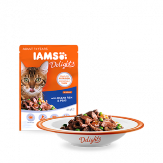 IAMS Delights aszpikos macskaeledel tengeri hallal és borsóval