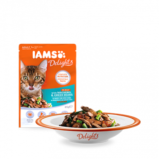 IAMS Delights aszpikos macskaeledel makrélával és zöldbabbal