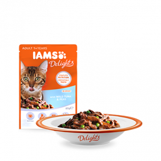 IAMS Delights macskaeledel tonhallal és borsóval, szószban 