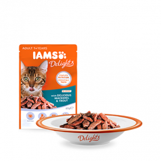 IAMS Delights macskaeledel ízletes makrélával és pisztránggal, szószban